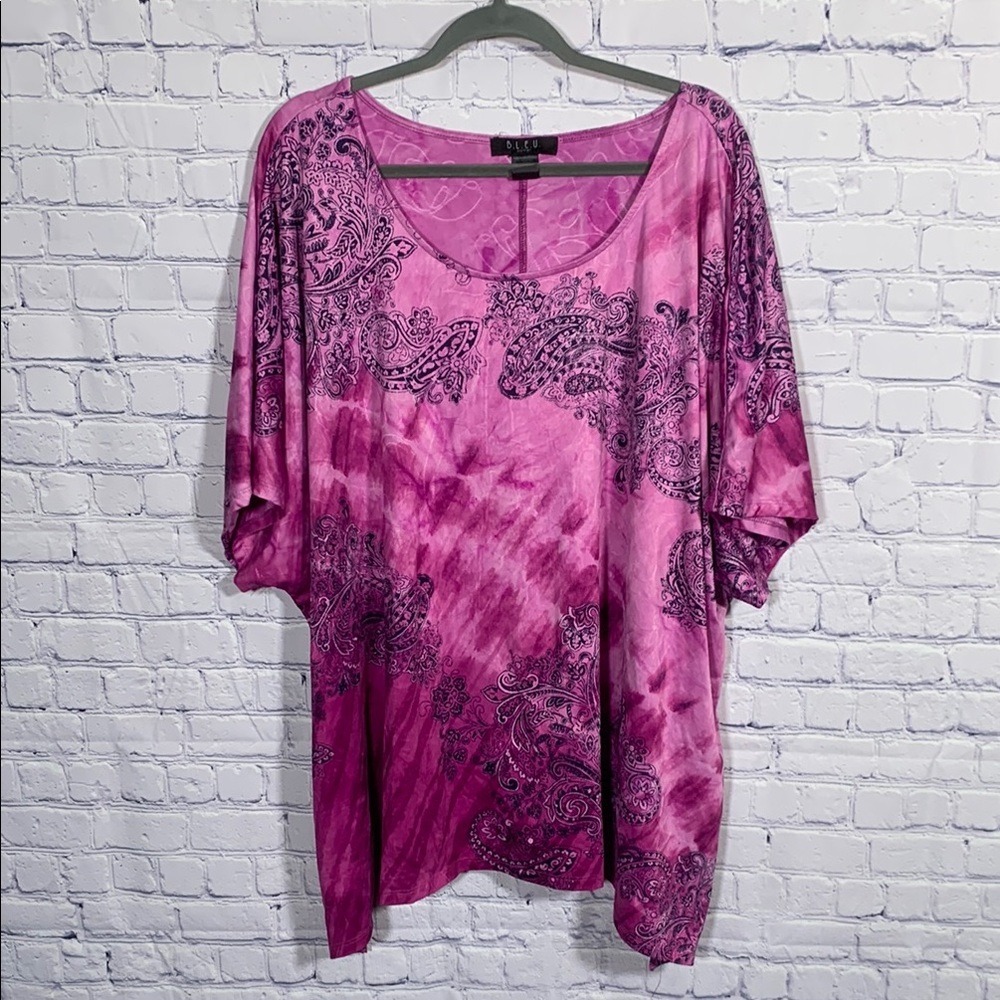 B.L.E.U. Womens Tye Dye Loose Fit Assymetrical Top Pink Paisley Size 3x